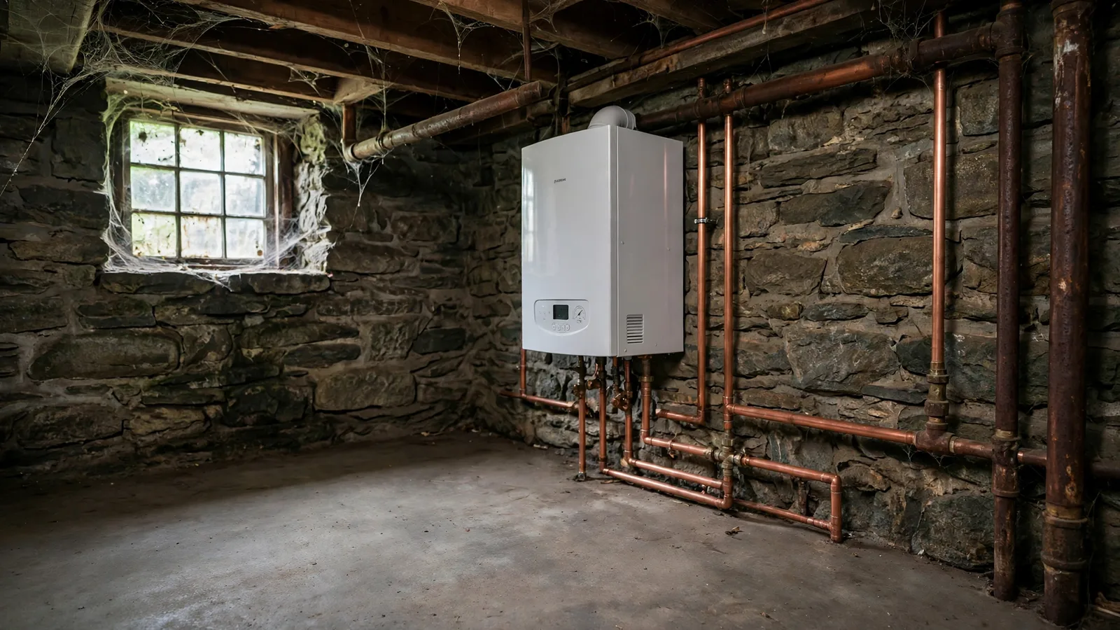 Same basement with a new wall-hung high-efficiency boiler and clean copper piping