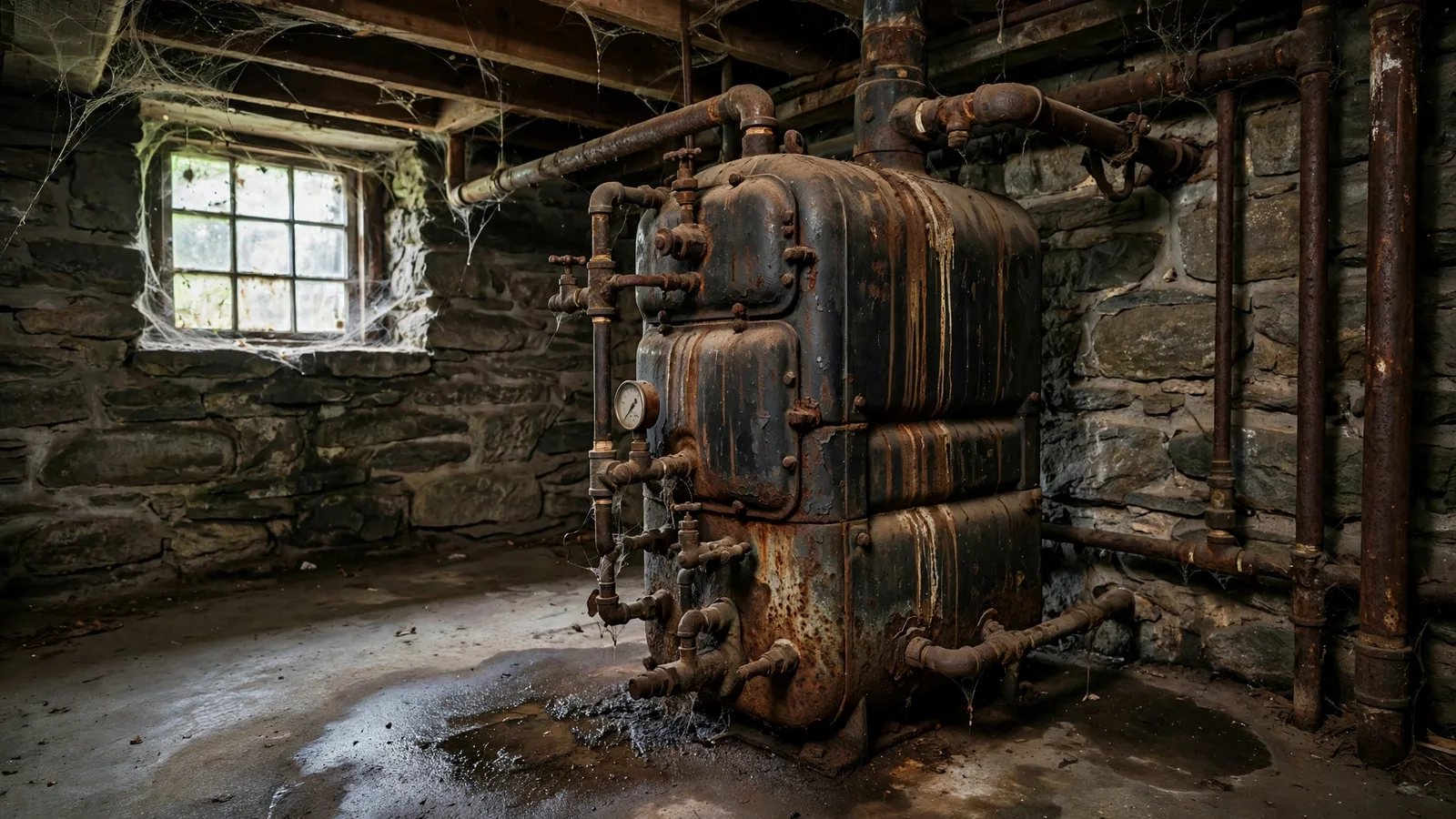 Old corroded cast-iron boiler with rusty pipes and water stains in a stone basement