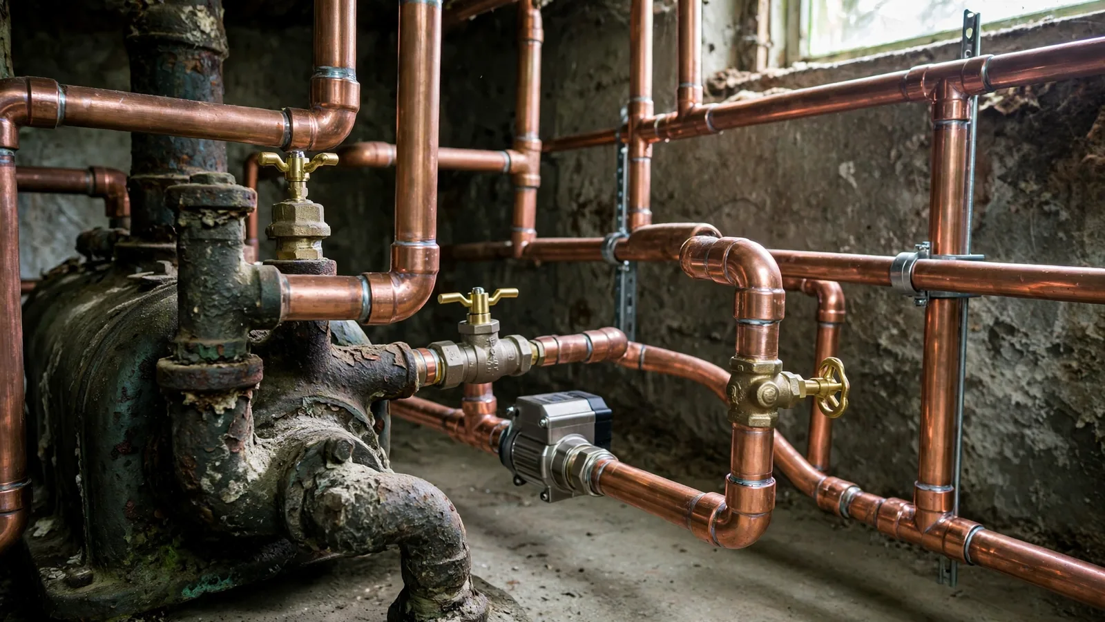 Same spot with neat new copper near-boiler piping, valves and circulator
