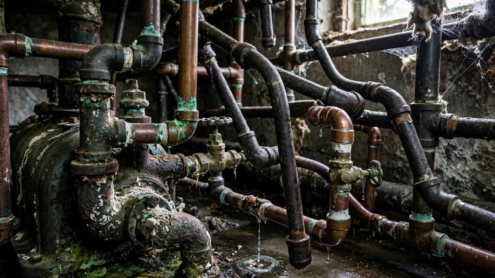 Corroded and dripping old near-boiler piping in a basement