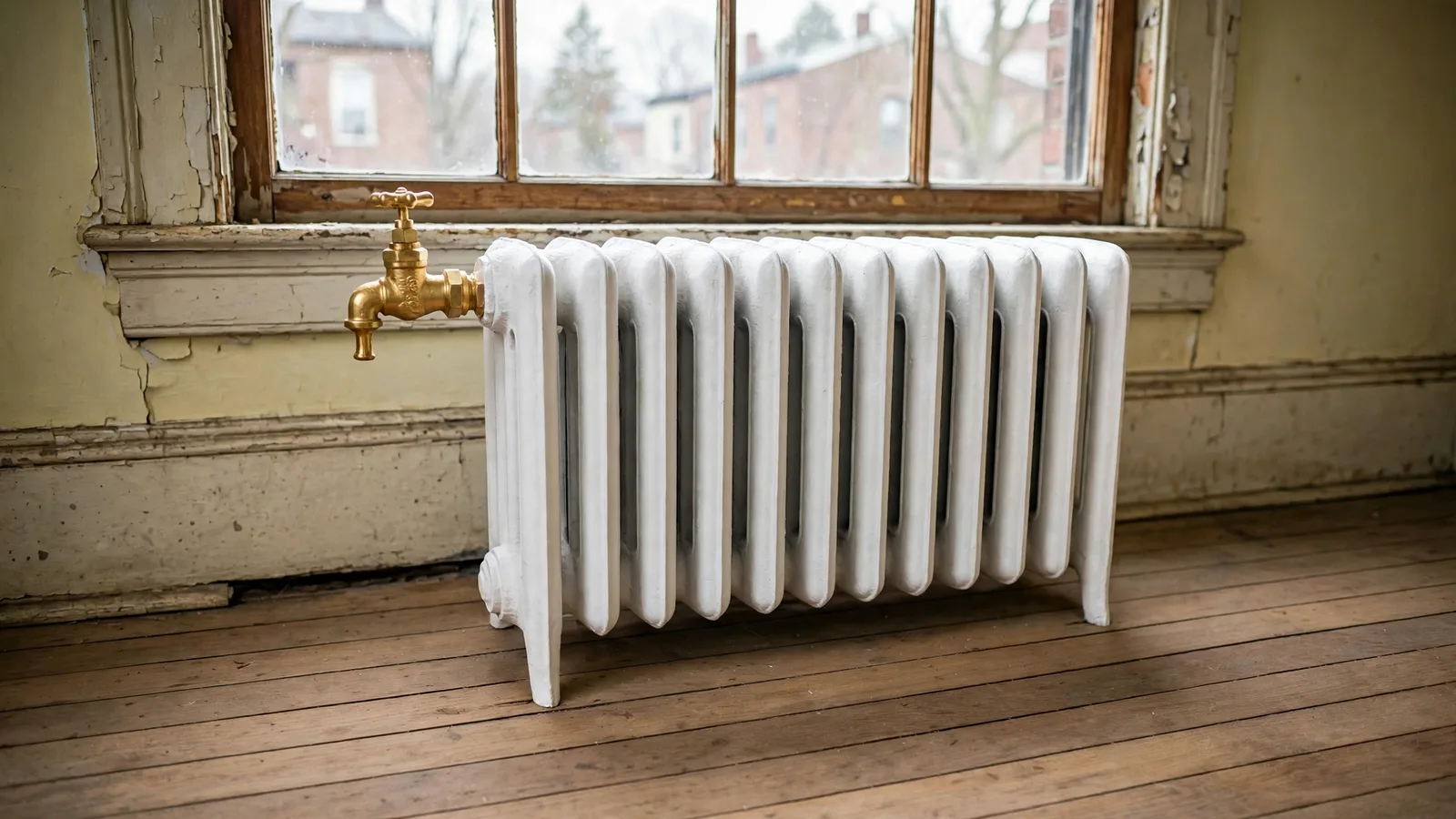 Same radiator freshly painted with a new valve and a dry, clean floor