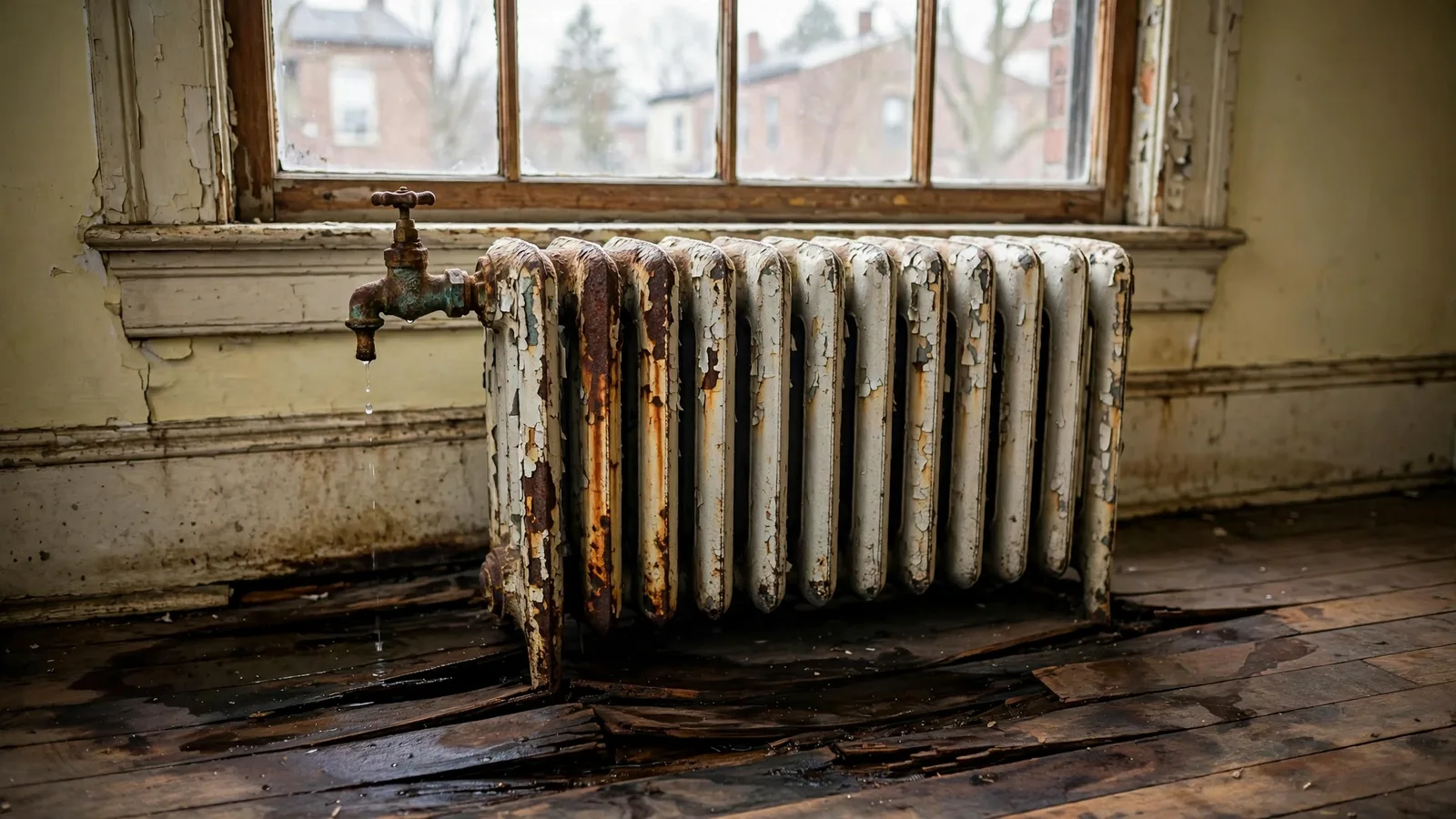 Cast-iron radiator with a leaking valve and rust-stained wood floor