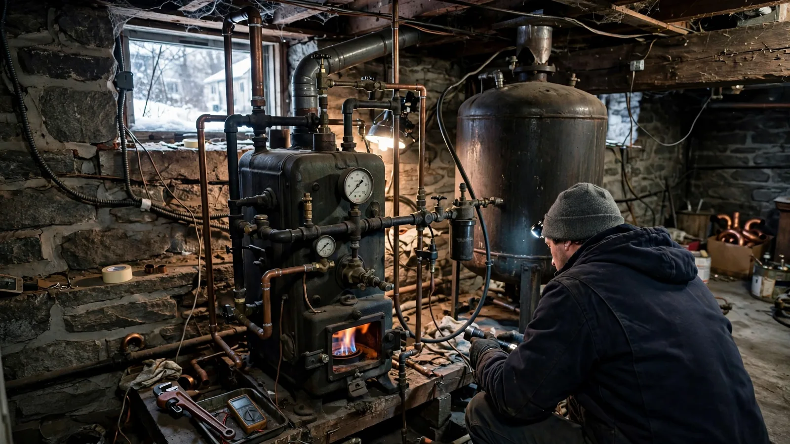 Technician inspecting an oil-fired boiler and oil tank in a basement