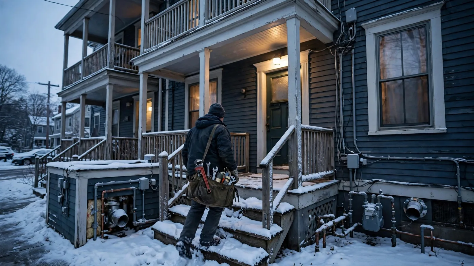 Heating technician climbing snowy front steps of a triple-decker at dusk