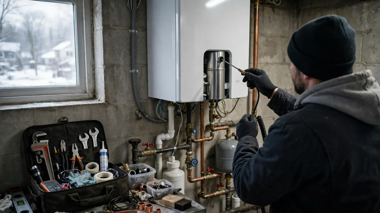 Technician testing a wall-hung condensing boiler with a combustion analyzer