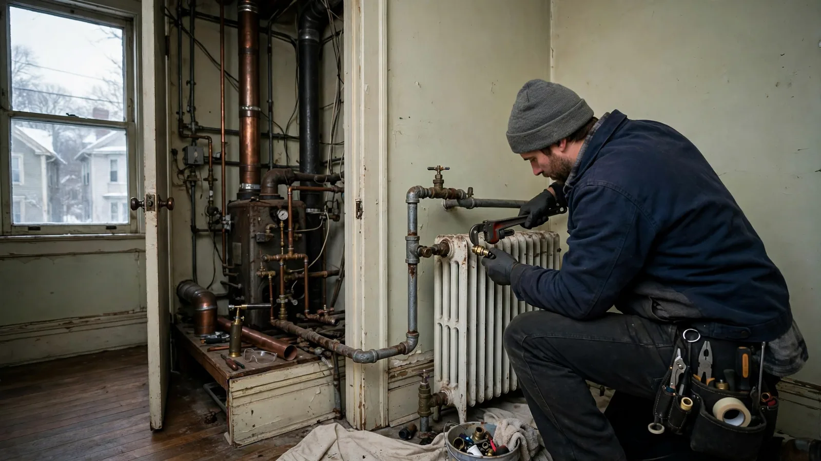Technician replacing a radiator valve in an older apartment