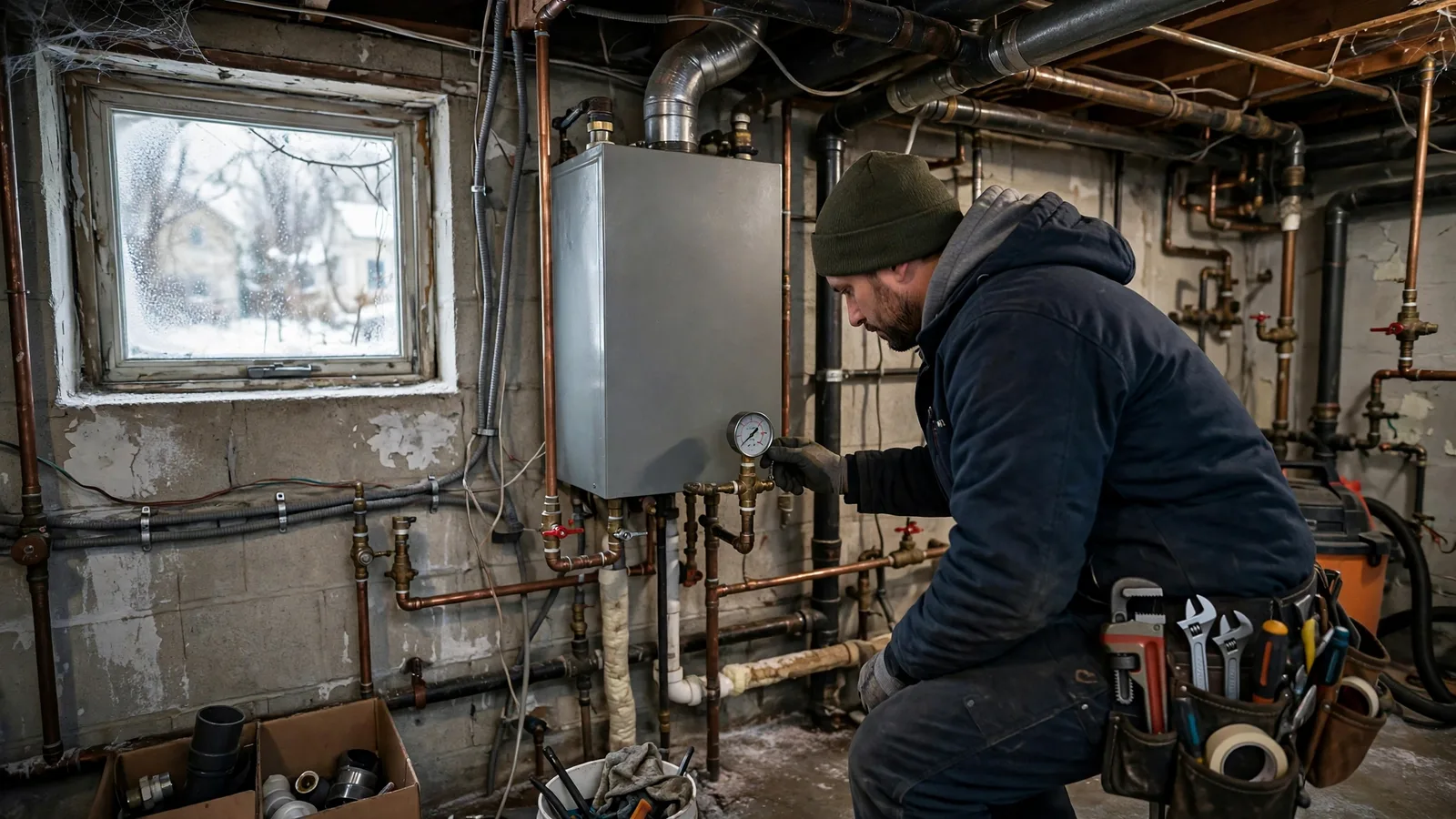 Technician checking a boiler pressure gauge in a two-family house basement