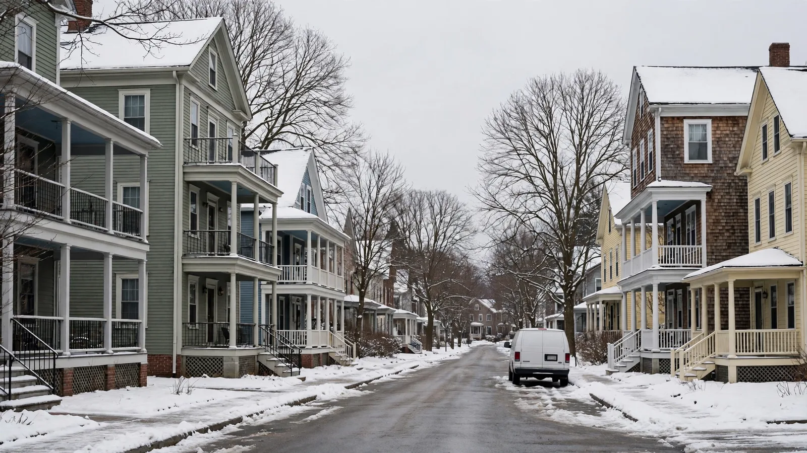 Winter street of two-family and triple-decker houses in Medford with a service van parked