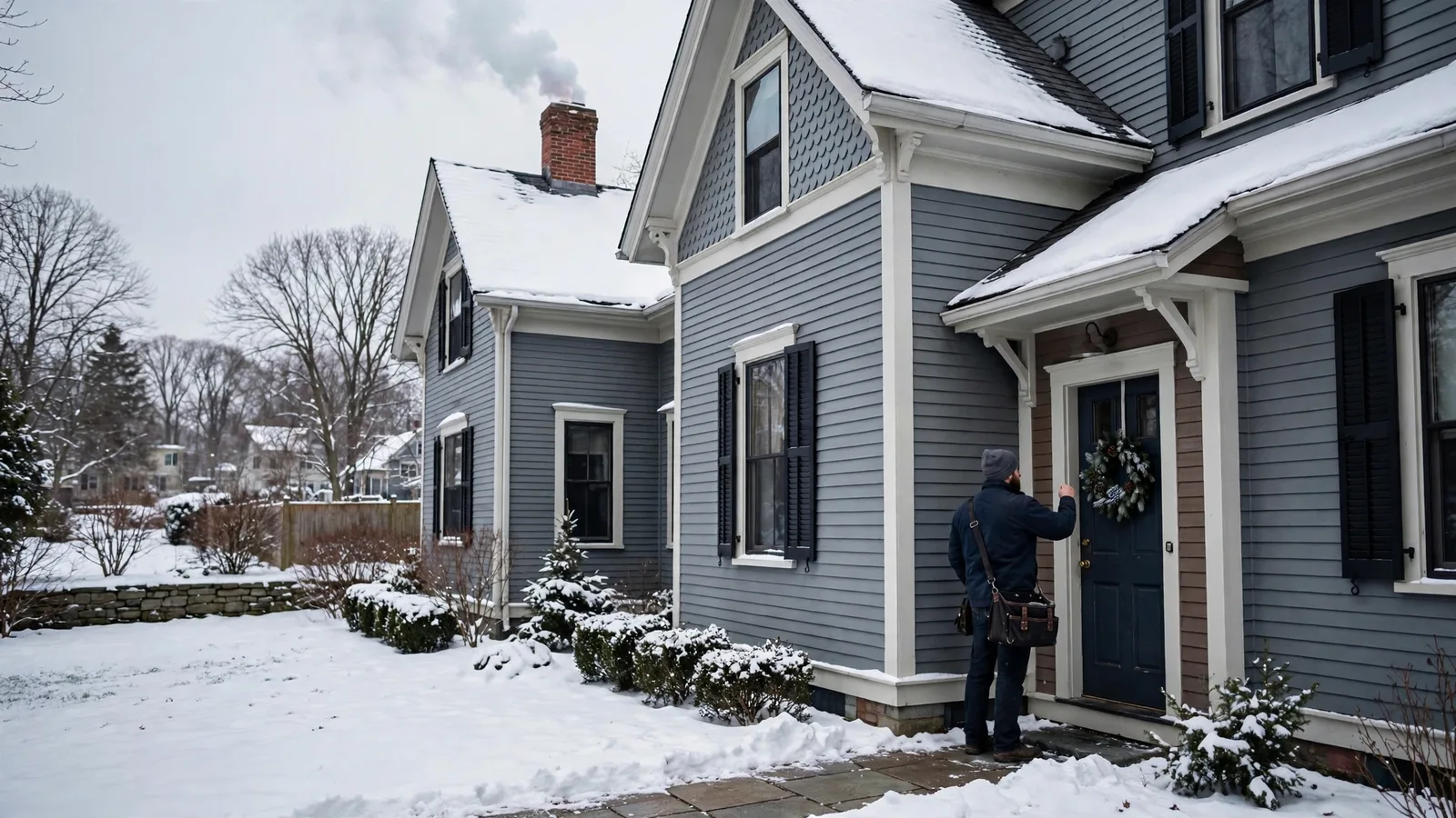 Technician at the side door of a large Victorian house in winter