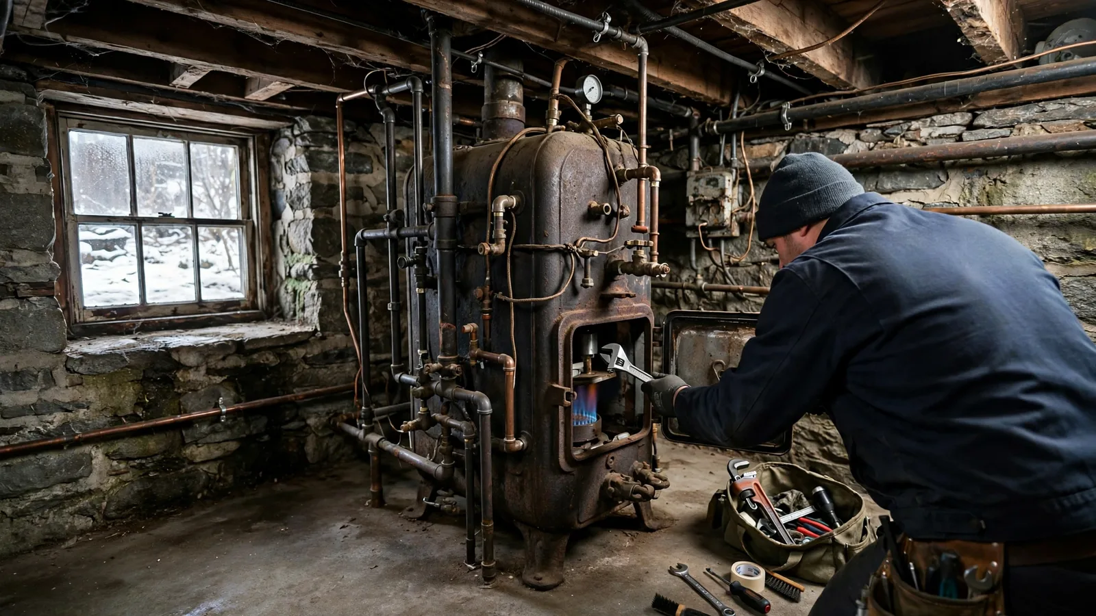 Technician working on a boiler in a narrow triple-decker basement