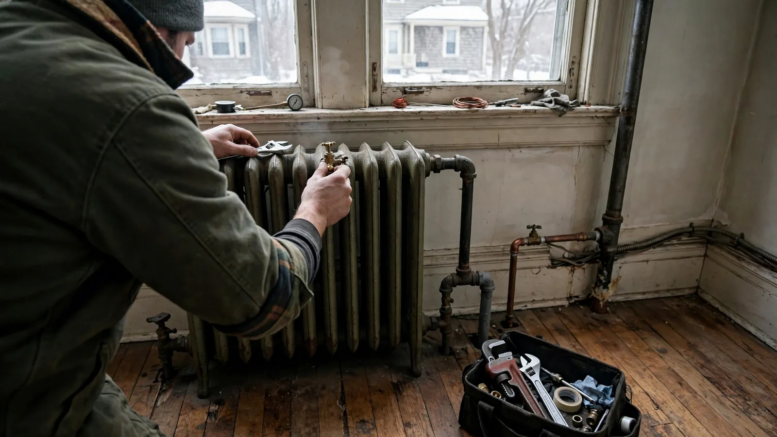 Technician adjusting the air vent on a cast-iron steam radiator