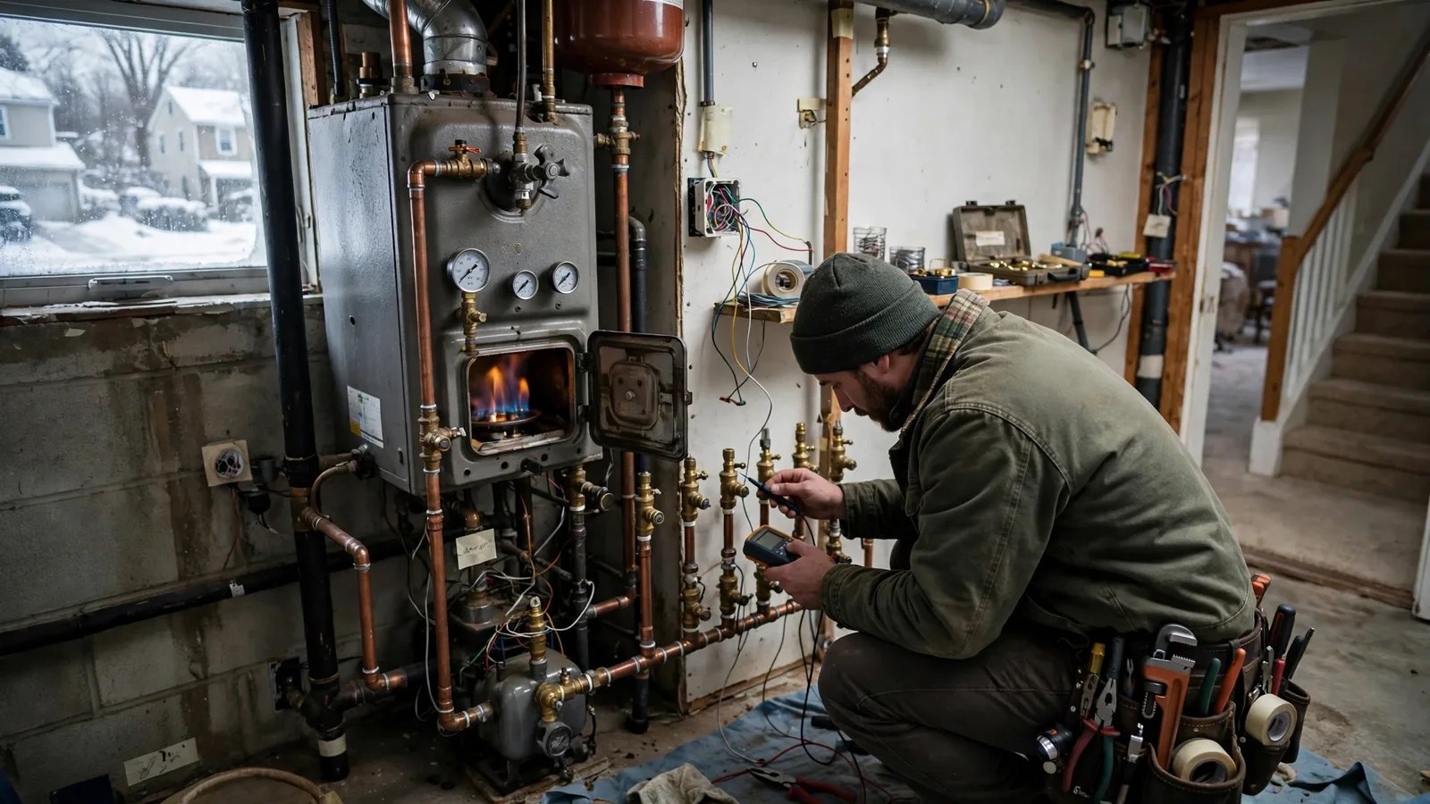 Technician checking zone valves and controls in a split-level home