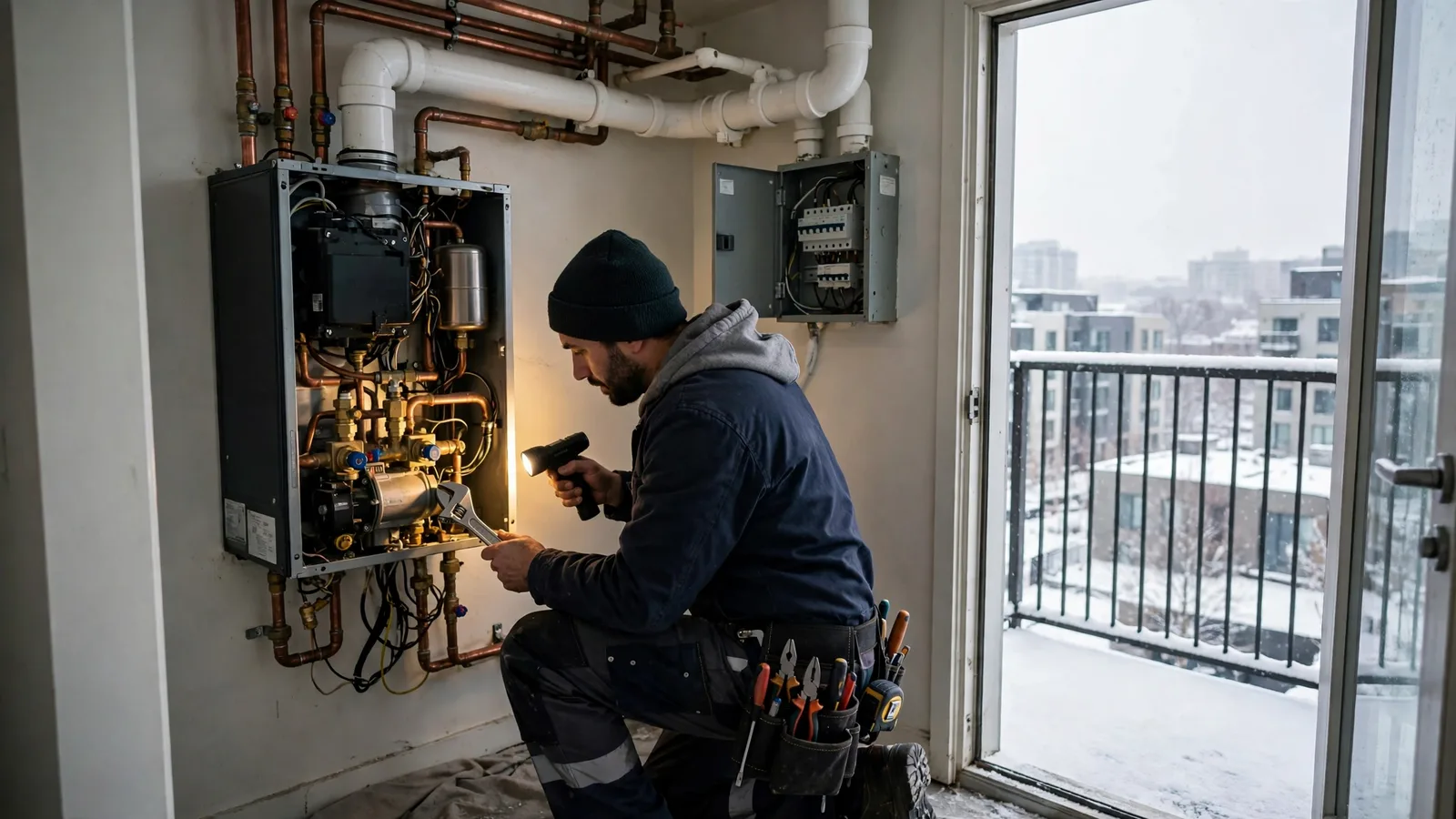 Technician servicing a boiler in a compact condo mechanical closet