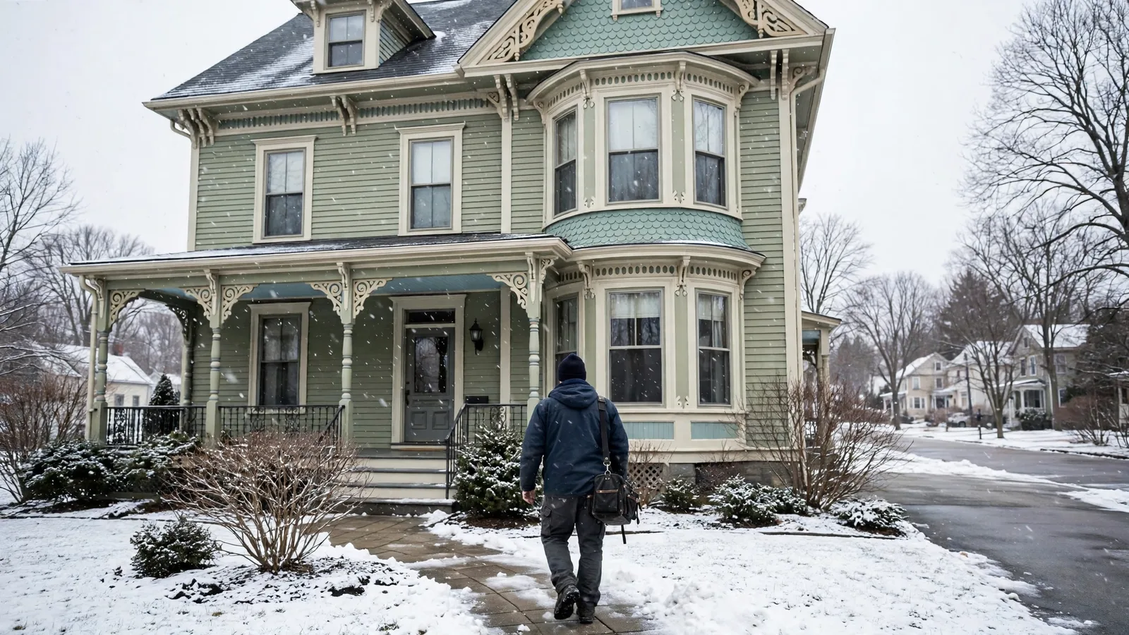 Technician walking up the path to a Victorian home in light snow