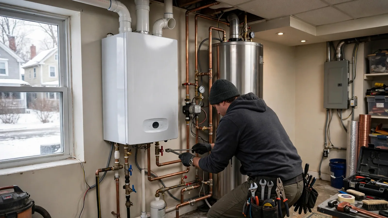 Technician at a high-efficiency boiler with an indirect water heater